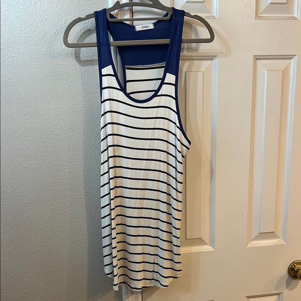 Black and White Striped Women's Tank Top with Blue contrast